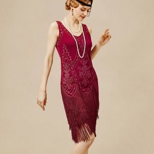 Babeyond Roaring 20's Flapper Fringe Dress in Deep Red Size S